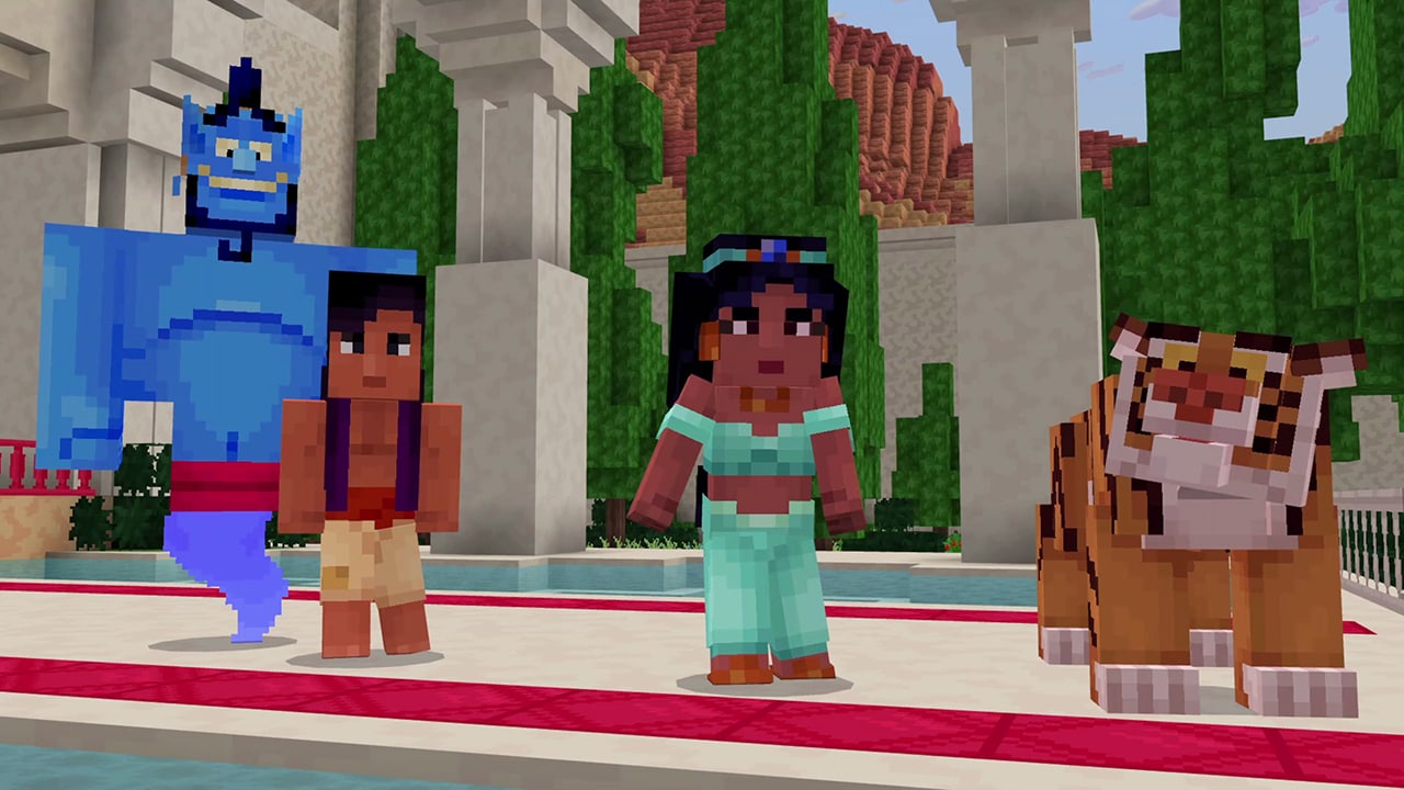 Blocky versions of Genie, Aladdin, Jasmine, and the tiger Rajah stand in front of the palace.