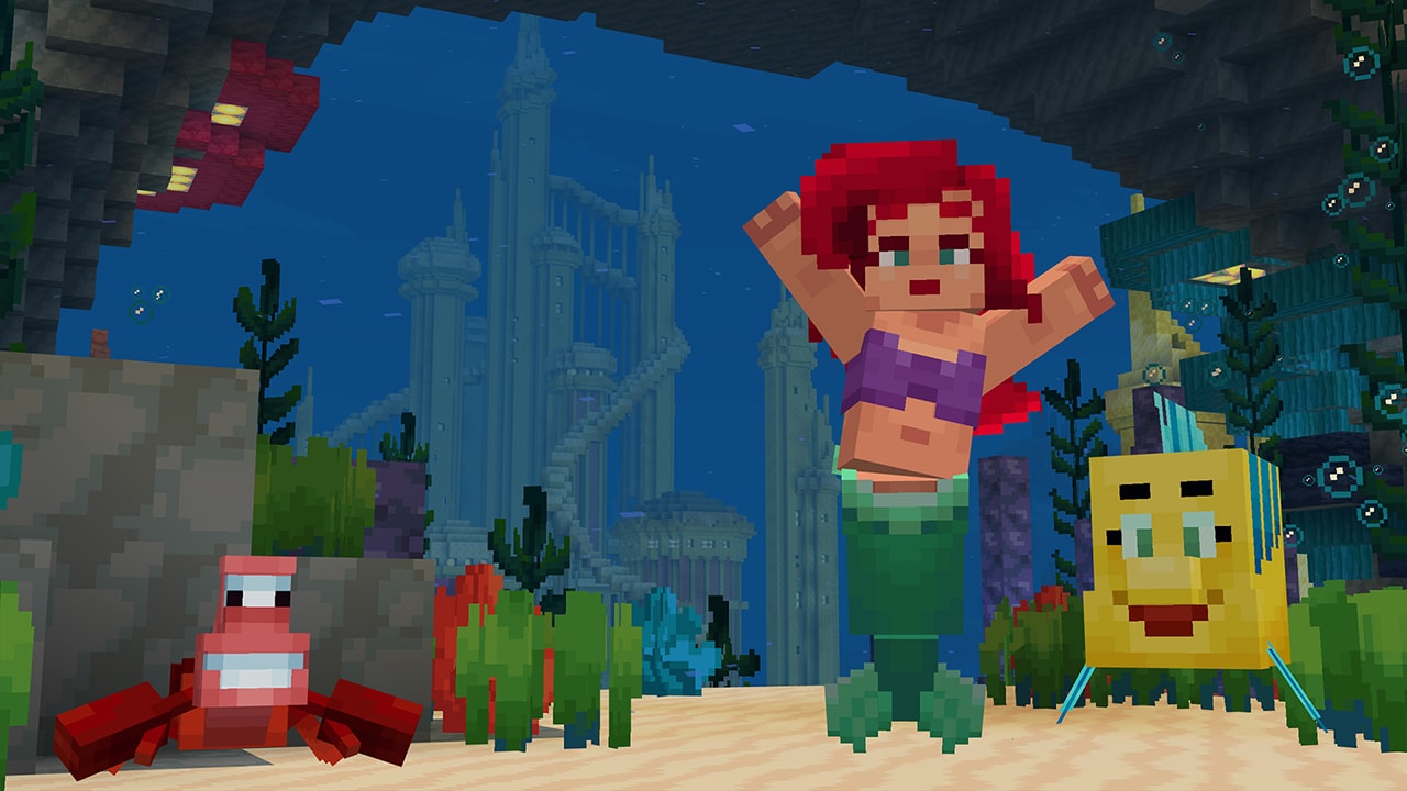 The happy looking Sebastian, Ariel, and Blunder are swimming at the bottom of the ocean.