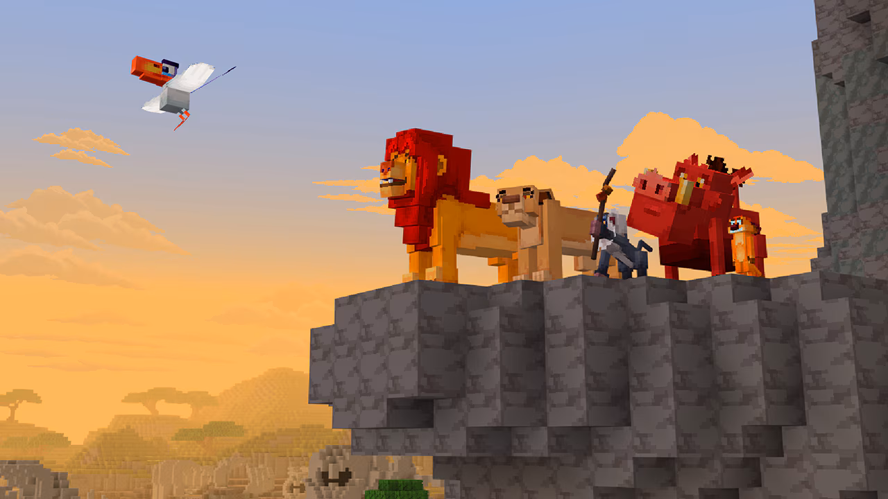 Zazu is flying in front of the Pride Rock where a grown Simba, Nala, Rafiki, Pumba, and Timon are standing watching the sunrise.