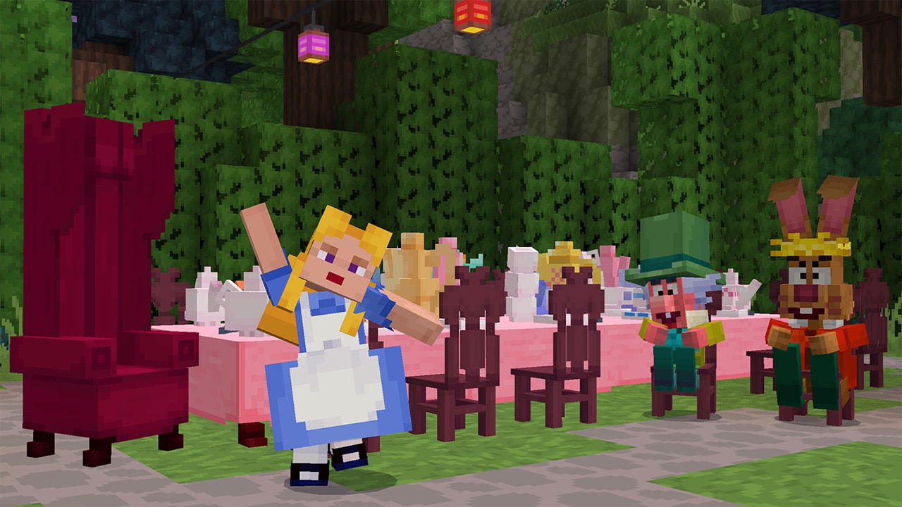 Alice is waving in front of a table set for a tea party where the Mad Hatter and friends are seated.