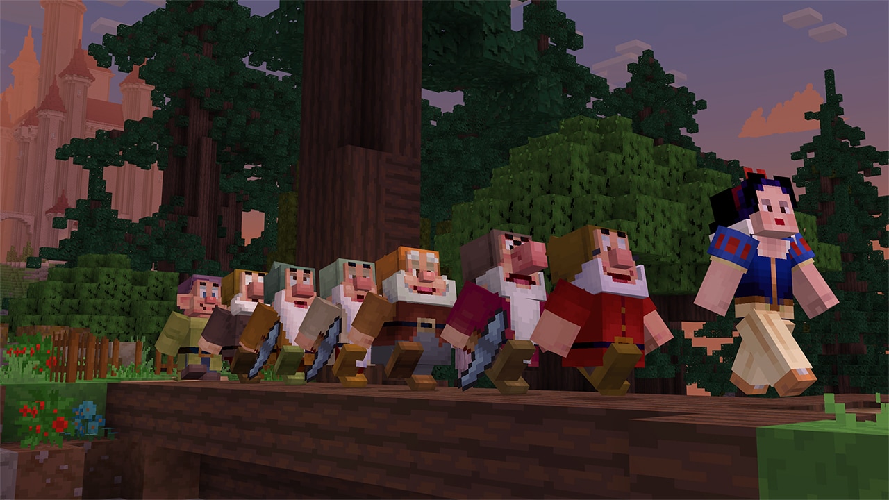A blocky Snow White and the seven dwarves are marching in a line outside the forest.
