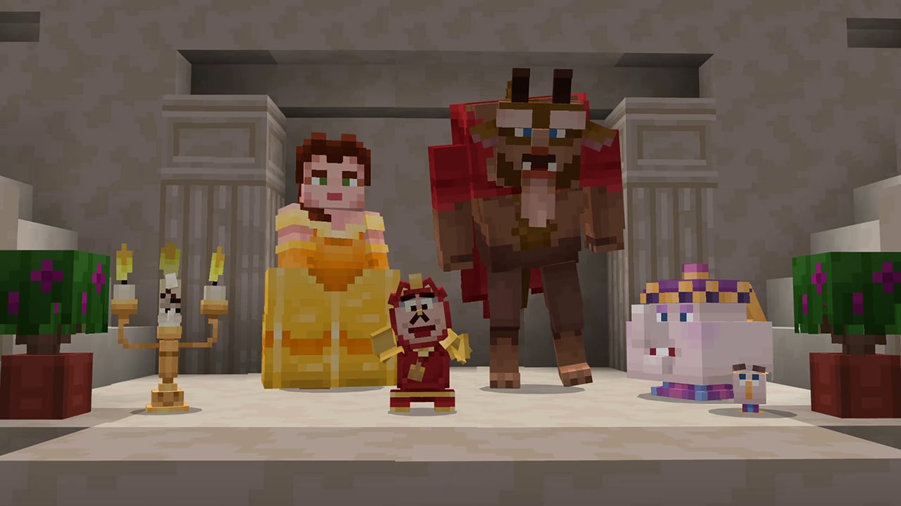 Blocky versions of Lumiere, Belle, Cogsworth, the Beast, Chip, and Mrs. Potts.