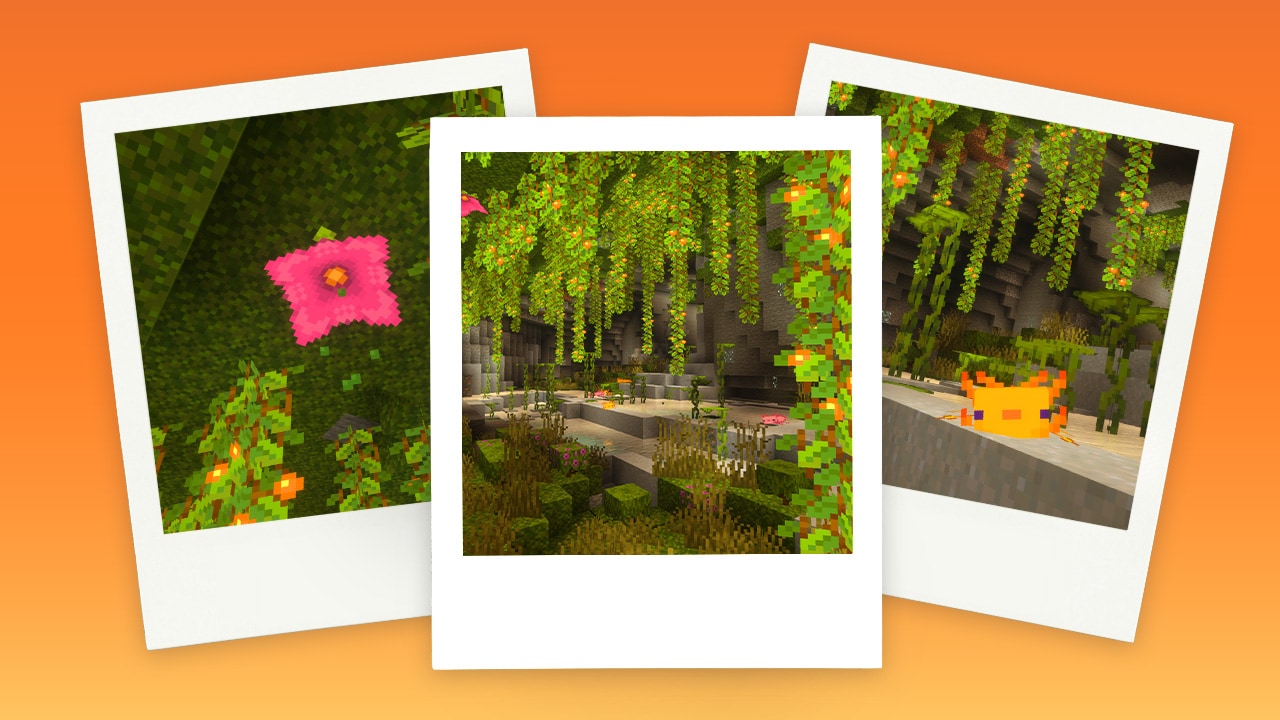 Three polaroid pictures on an orange background showing a lush cave with glow berries, an axolotl, and a pink spore blossom