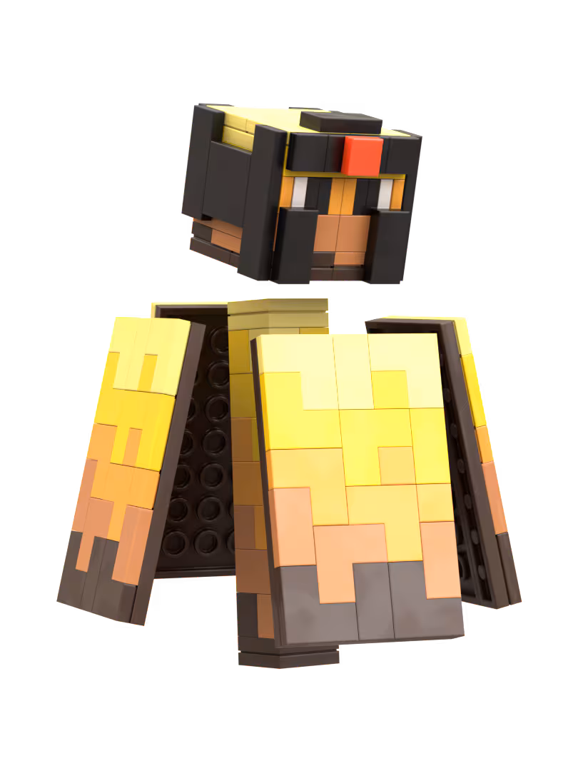 Image of a large wildfire, a mob from Minecraft Dungeons, that has four panels around it that are made up of block brick pieces in various shapes, and they are a color gradient from bottom to top to resemble the colors of fire. The head of the mob is wearing a large black blocky helmet.