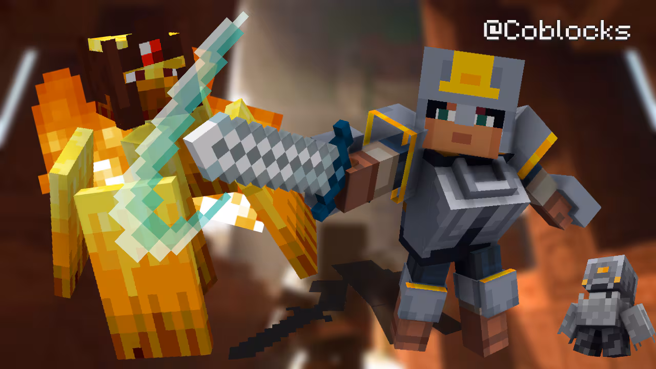 Digital image of Valerie, a character from Minecraft Dungeons, in full grey armor holding a large sword in her right hand as she fights the wildfire, a mob in the game, that has four large firey panels that surround it. 