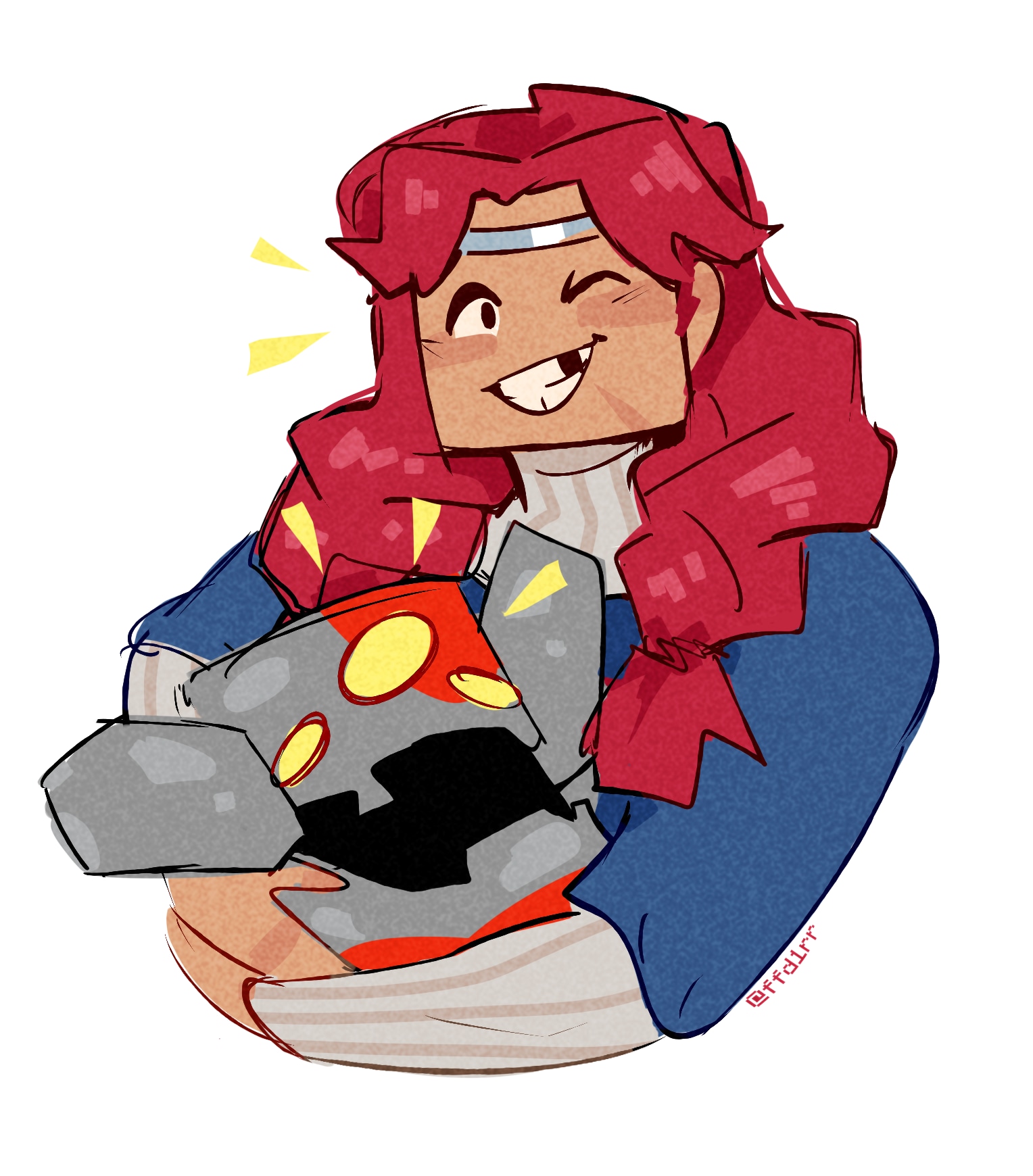Drawing of Valerie, a character from Minecraft Dungeons, who has lightly tanned skin, bright red hair that's long and flowing, and a square jaw. She is winking with her left eye, has a crooked smile grin showing a missing tooth on the left side, and a silver circlet going across her forehead. She is wearing a blue top with long sleeves and is cuddling a ministrosity, an adorable mob from the game that has a large grin, a grey and red face, and three yellow eyes arranged in a triangle shape on its forehead.