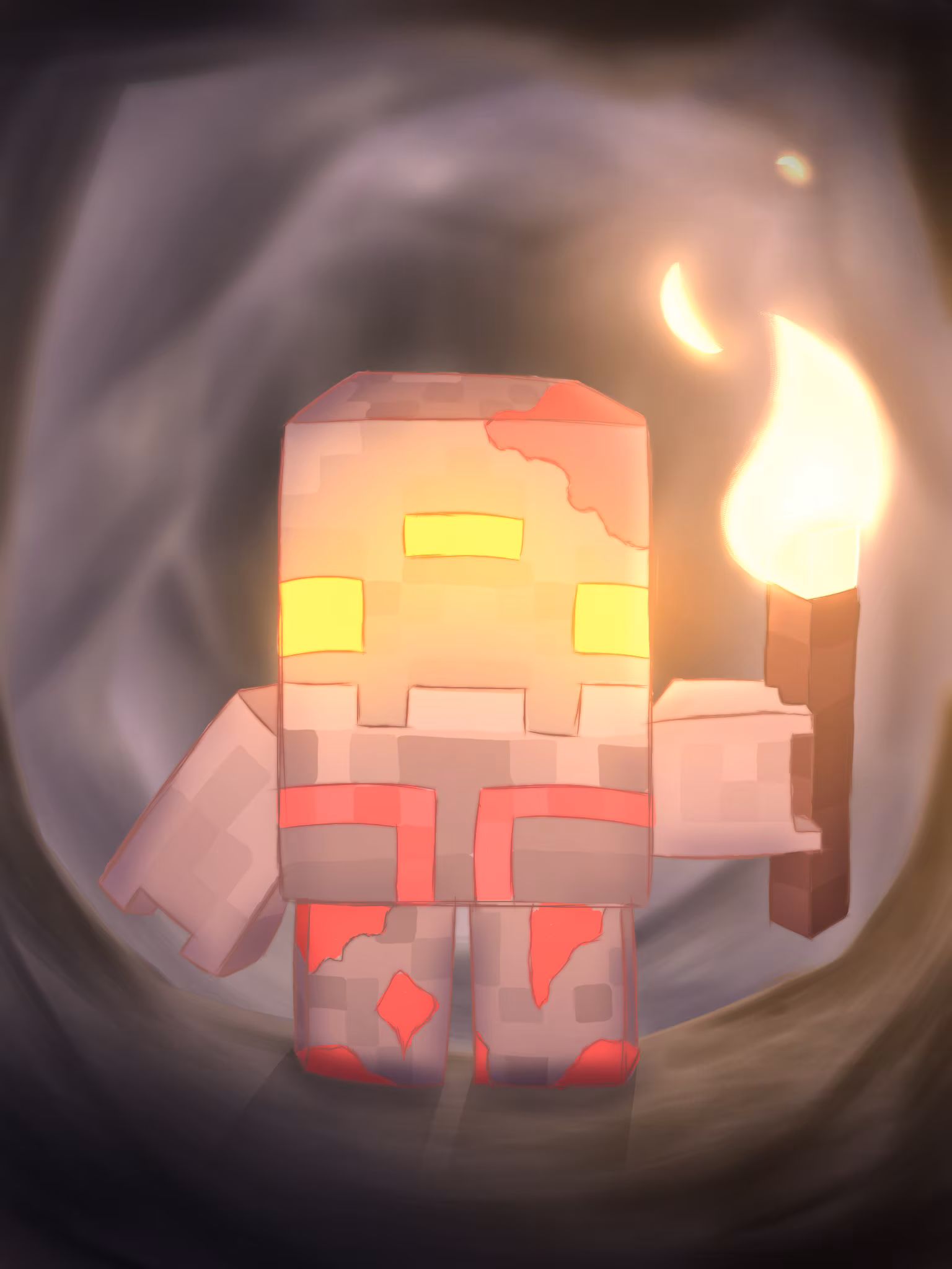 Drawing of a ministrosity, a cute mob from Minecraft Dungeons, that's tiny and blocky in shades of grey with accents of red and three yellow eyes that form a triangle in the middle of its forehead. It's holding a torch in its left hand that lights up the area around it. 