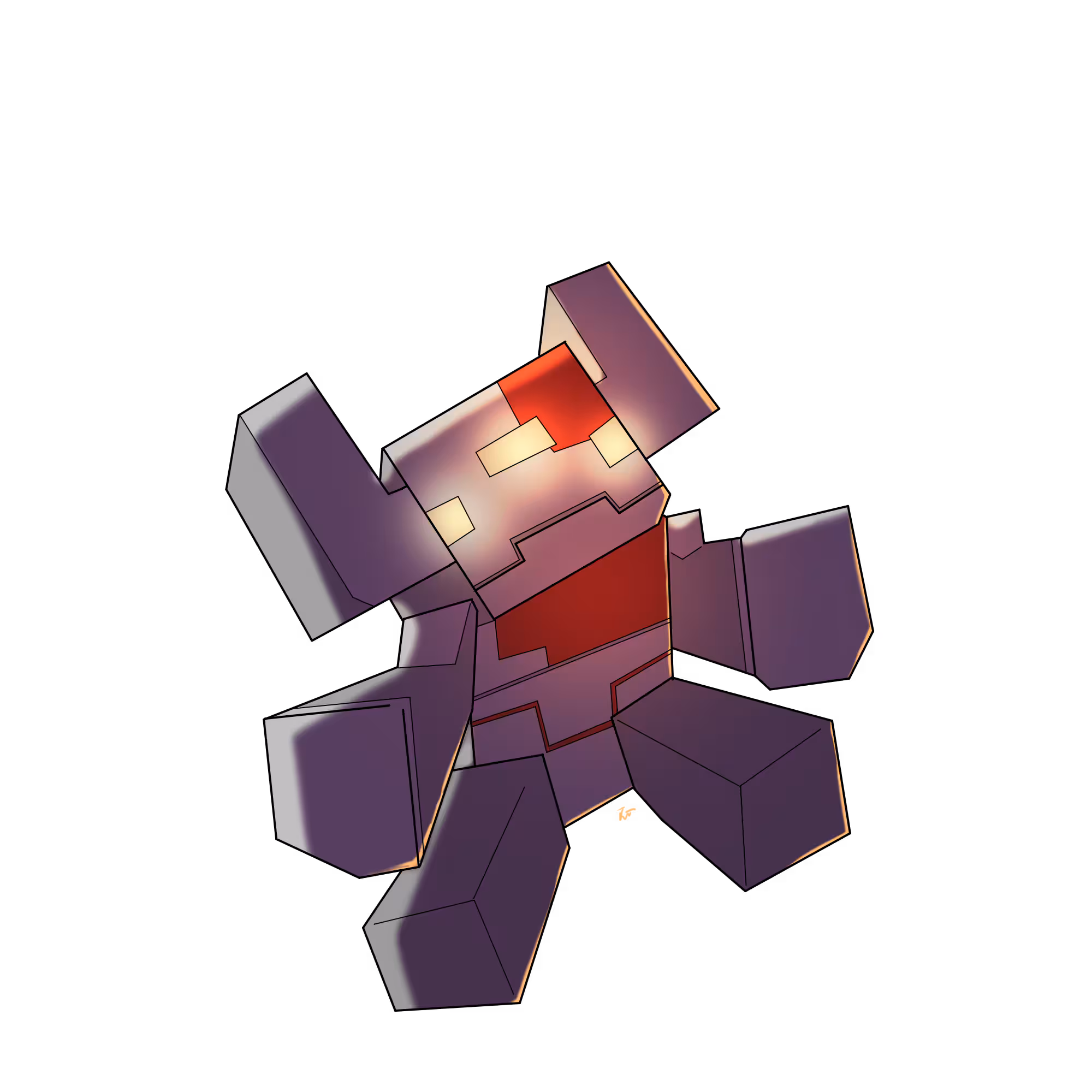 Digital drawing of a ministrosity, a cute mob from Minecraft Dungeons, that's tiny and blocky in shades of grey with accents of red and three yellow eyes that form a triangle in the middle of its forehead. 