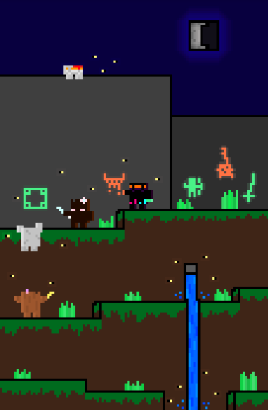 Pixel art showing levels in Minecraft at night with ministrosities roaming around under a half full moon. 