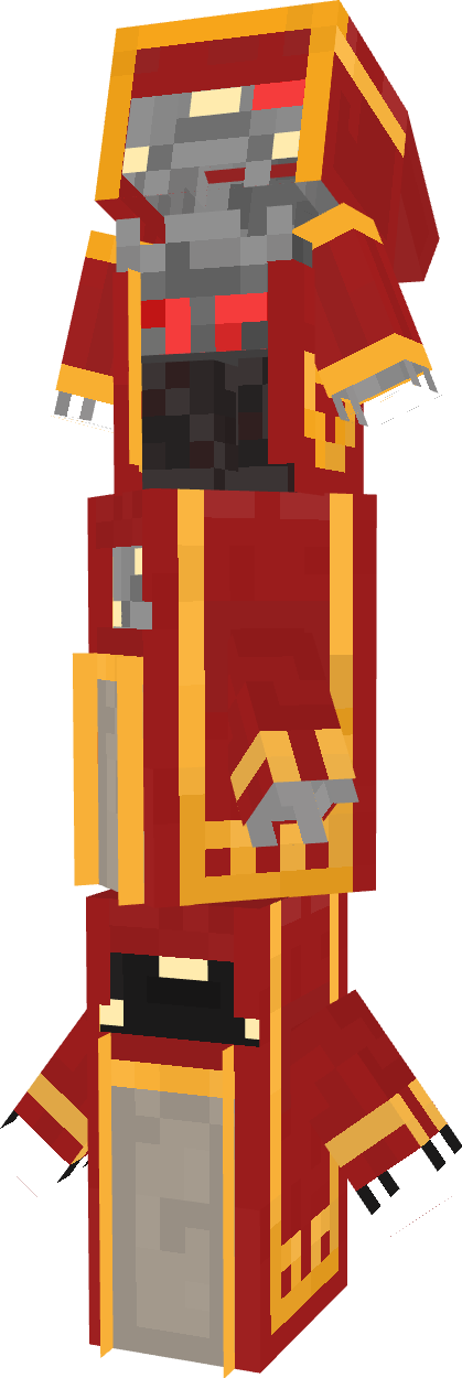 Digital art of three ministrosities standing atop each others shoulders, forming a tower of ministrosities, wearing burgundy and gold hooded robes to resemble the Tower Keeper in Minecraft Dungeons.