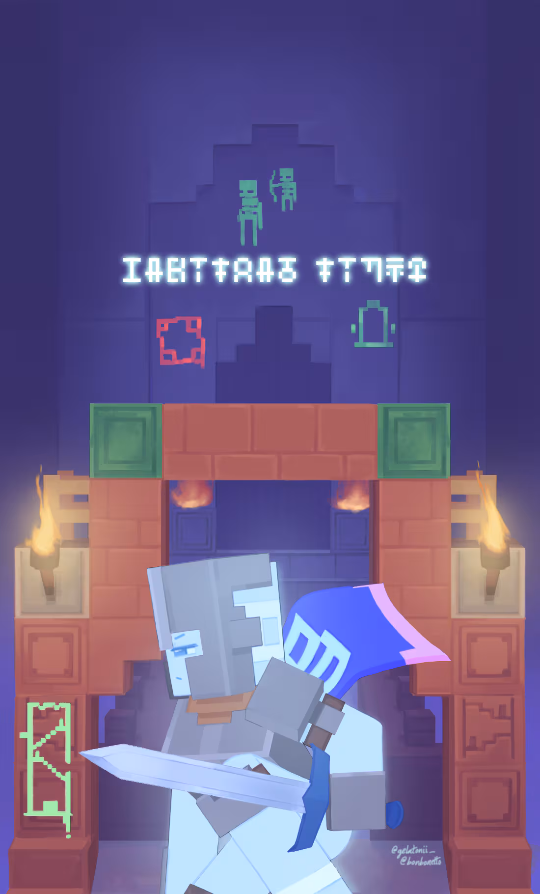 Digital drawing from Minecraft Dungeons with a character in full armor facing sideways to the right, holding a sword, standing in front of an entrance that is glowing with various colors, glowing runes over the door frame, and wall drawings of neon glowing skeletons.,  