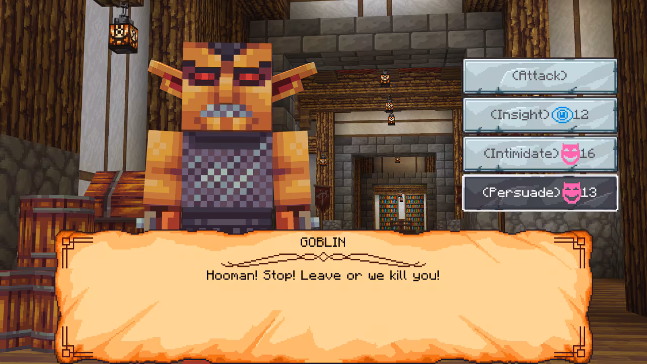 This screenshot from the new Dungeons & Dragons DLC shows that you can do ability checks to progress in the game. This Goblin wants you to leave – will you attack? Roll an insight check? Intimidate? Or Persuade?