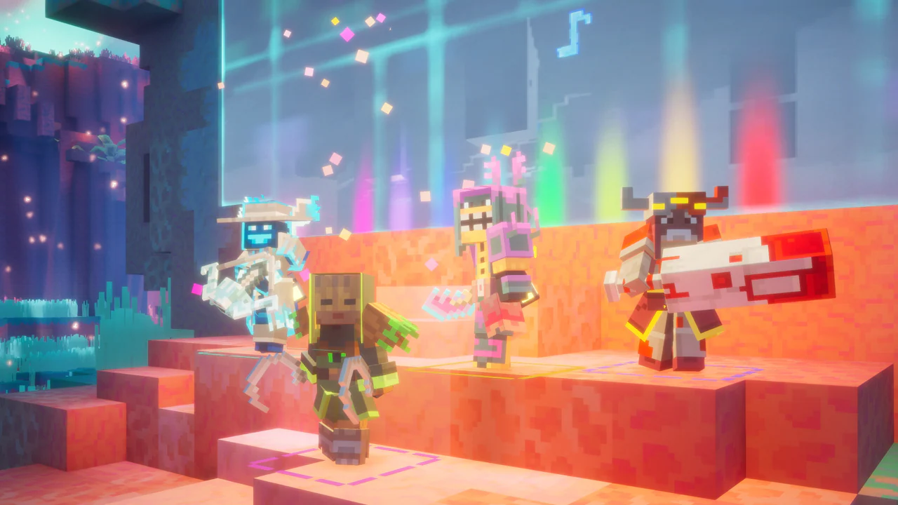 Four Dungeons II heroes standing on elevated terrain, wearing fancy gear.