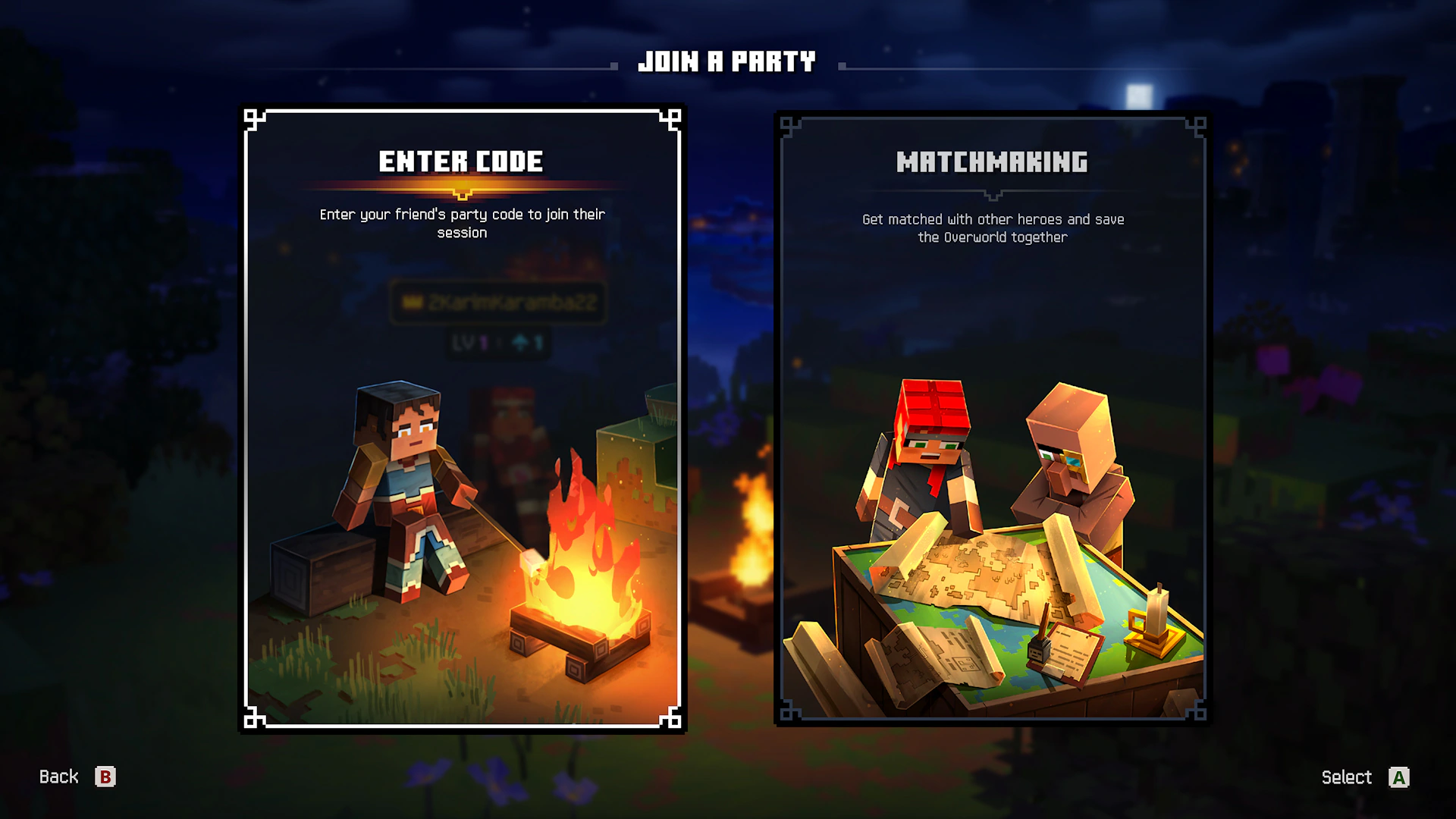A screenshot from Minecraft Dungeons II, depicting a UI with two frames: Party Codes and Matchmaking.