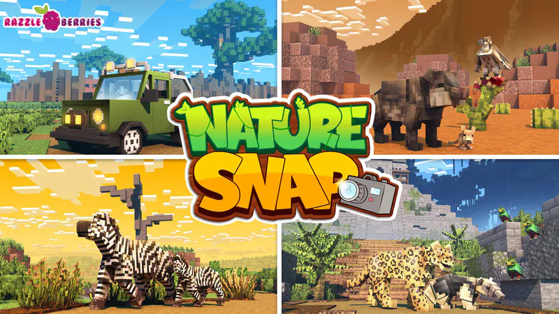 Artwork for Nature Snap DLC with zebras, leopards, warthogs, and other African species.
