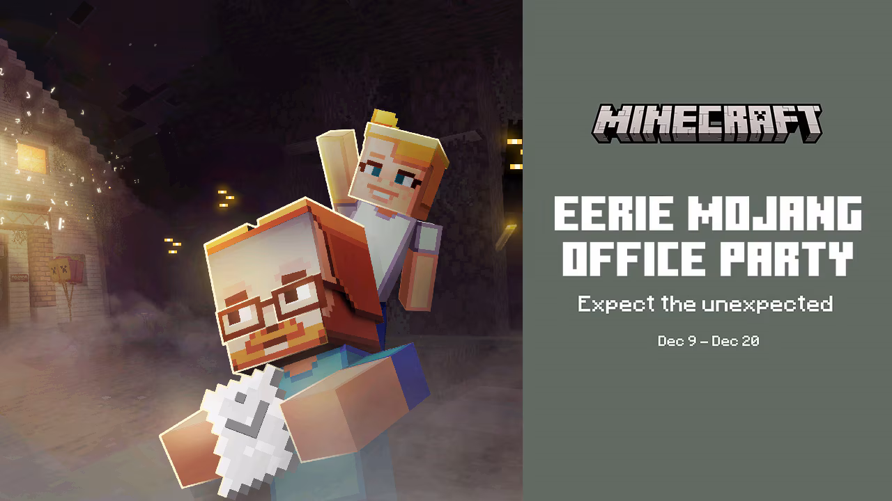 The blocky characters of Jens and Agnes waving next to text saying "Eerie Mojang Office Party, Expect the unexpected, Dec 9 - Dec 20"