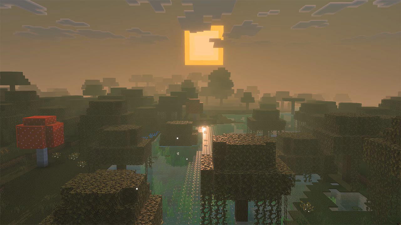 A hazy sunset glows over a swamp in Minecraft, with mossy trees, vines, and a red mushroom. The water reflects the golden light, creating a mysterious, tranquil scene.