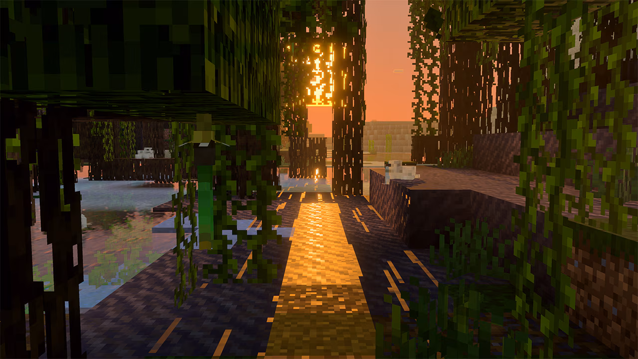 Sunlight streams through dense vines and trees in a Minecraft swamp, illuminating a muddy path and water. The golden glow creates dramatic shadows and highlights.