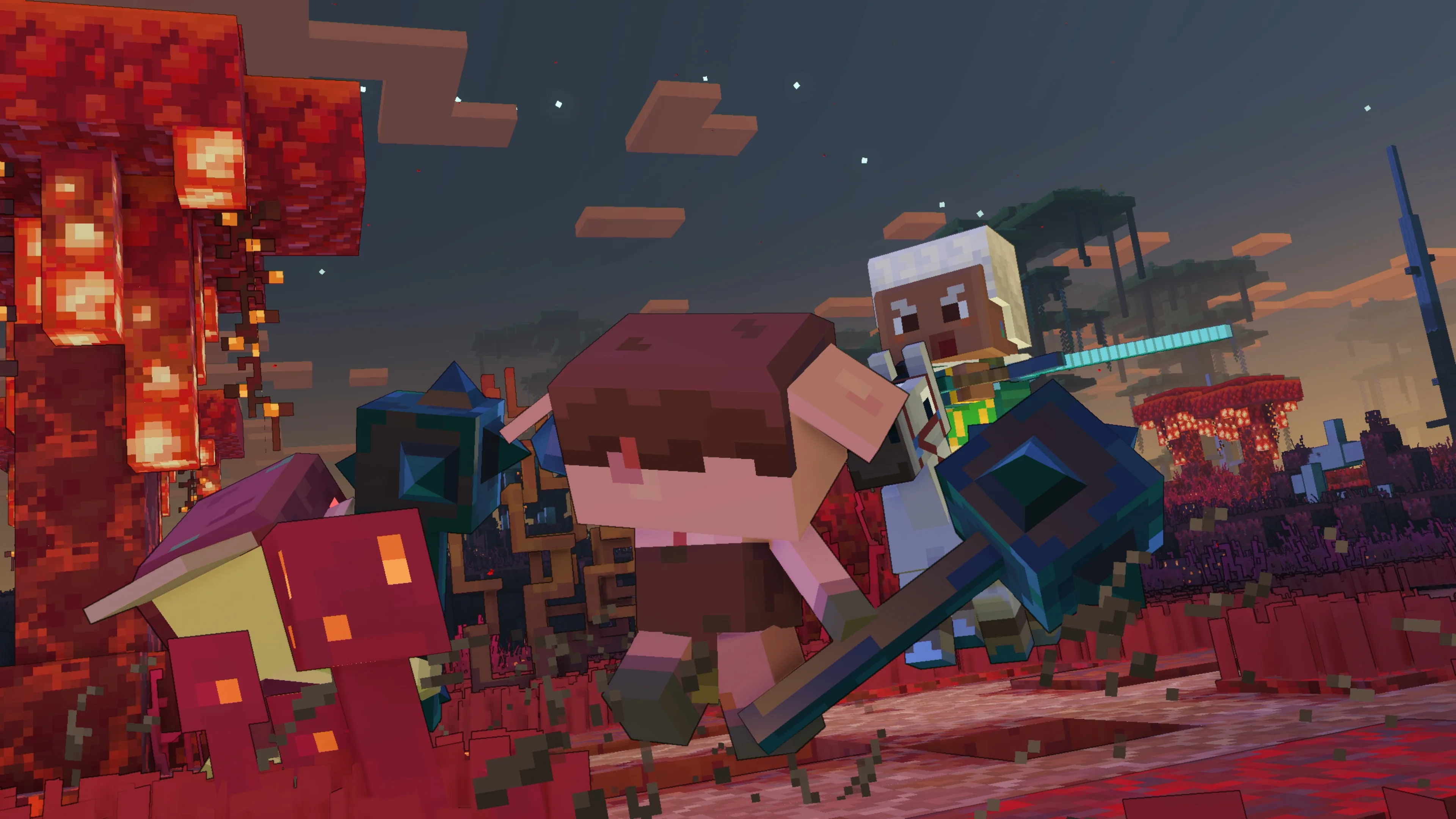 A screenshot from Lost Legends: The Breakout showing a hero character attacking two piglin mace runts