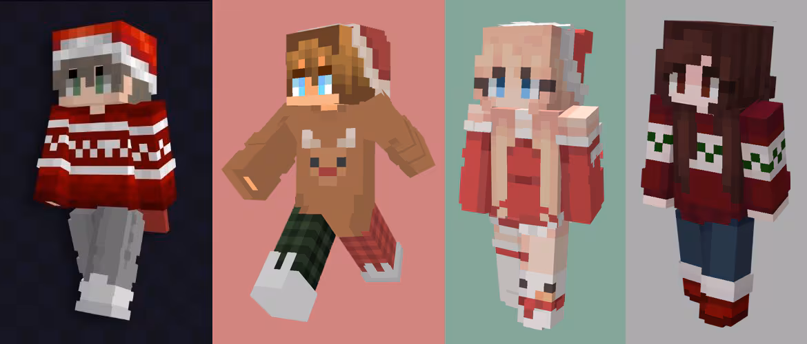 A collage of 4 different Minecraft skins dressed up in holiday festive attire ranging from Santa hats, ugly holiday sweaters, Rudolph the Red-Nosed Reindeer sweaters, and Snowman socks.