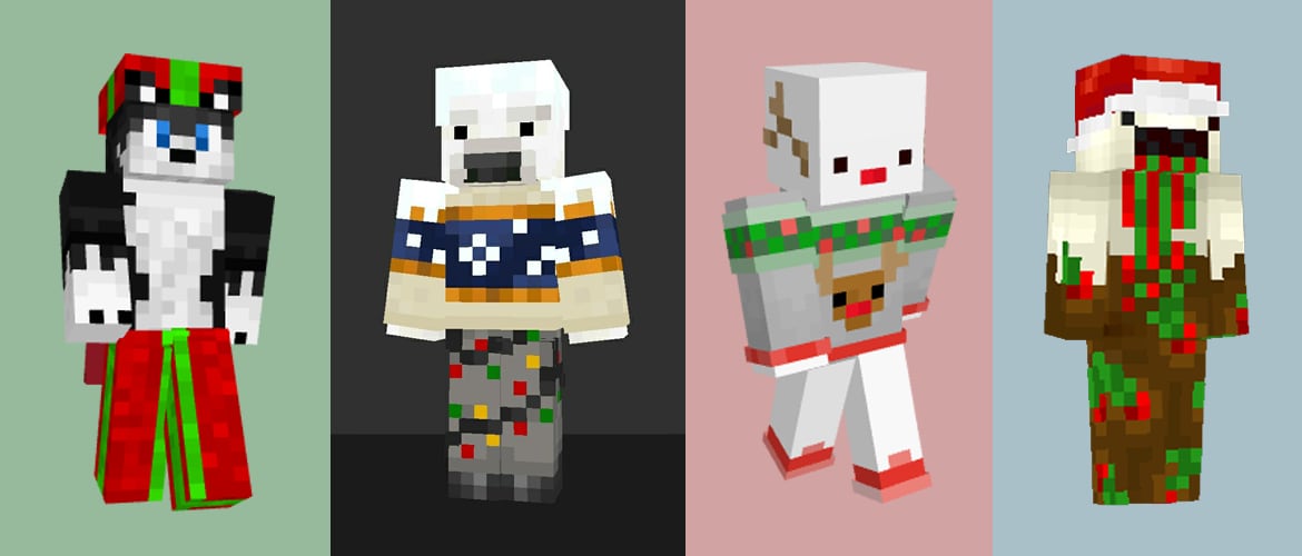 A collage of 4 different Minecraft skins dressed up in holiday festive attire ranging from a husky dressed up like a holiday present, a polar bear wearing an ugly holiday sweater and pants covered in holiday lights, a snowman wearing a Rudolph the Red-Nosed Reindeer sweater, and a skin that looks like a mistletoe covered fruitcake.