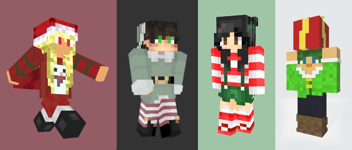 A collage of 4 different Minecraft skins dressed up in holiday festive attire ranging from Santa hats, Snowman sweaters, an Elf costume, and presents.