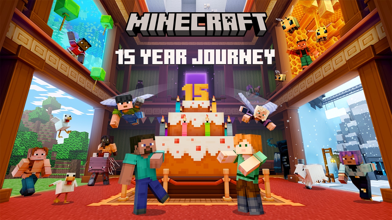 The free map "15 Year Journey" featuring a giant birthday cake in a huge Minecraft Museum