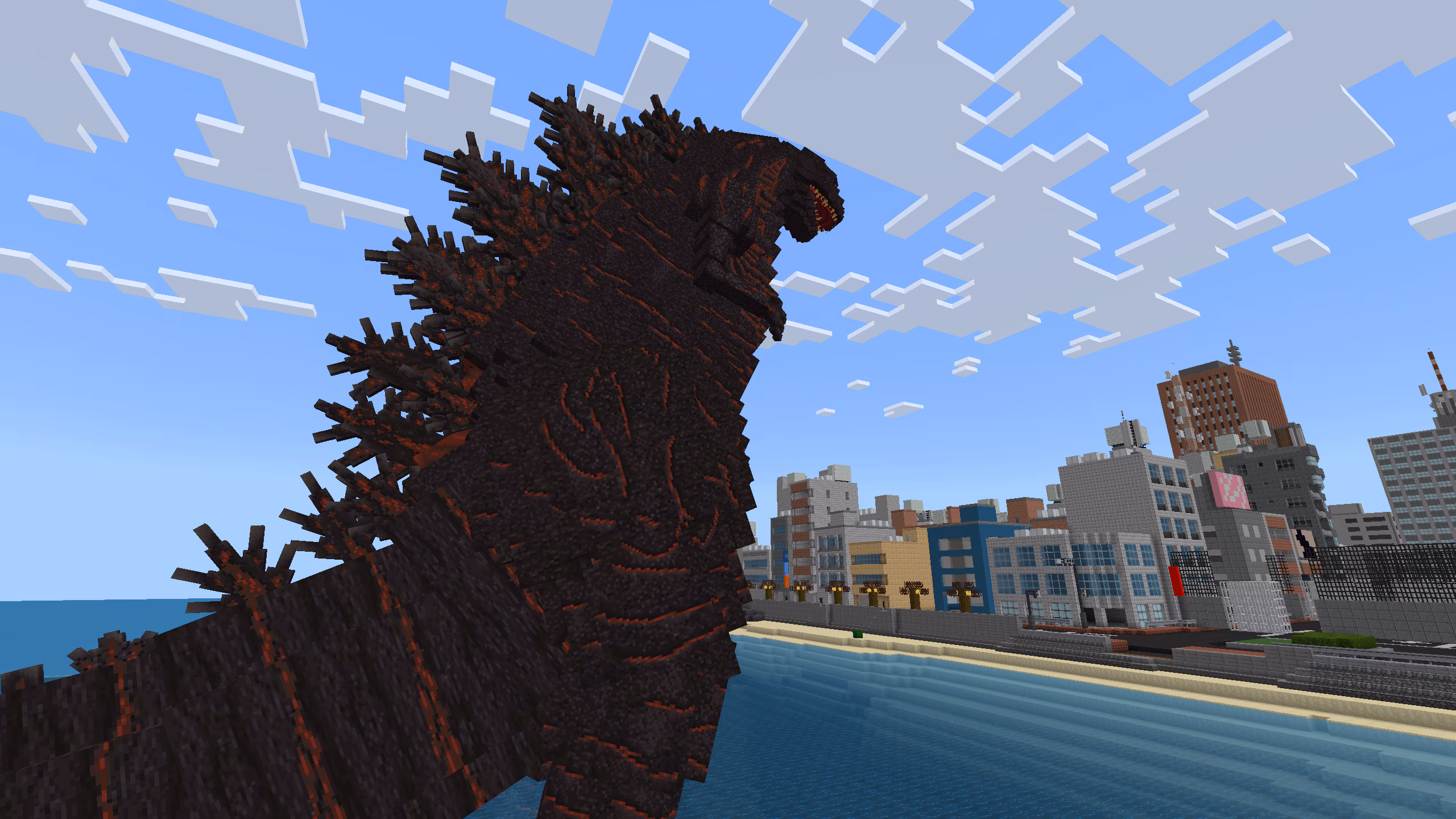Godzilla approaching a city