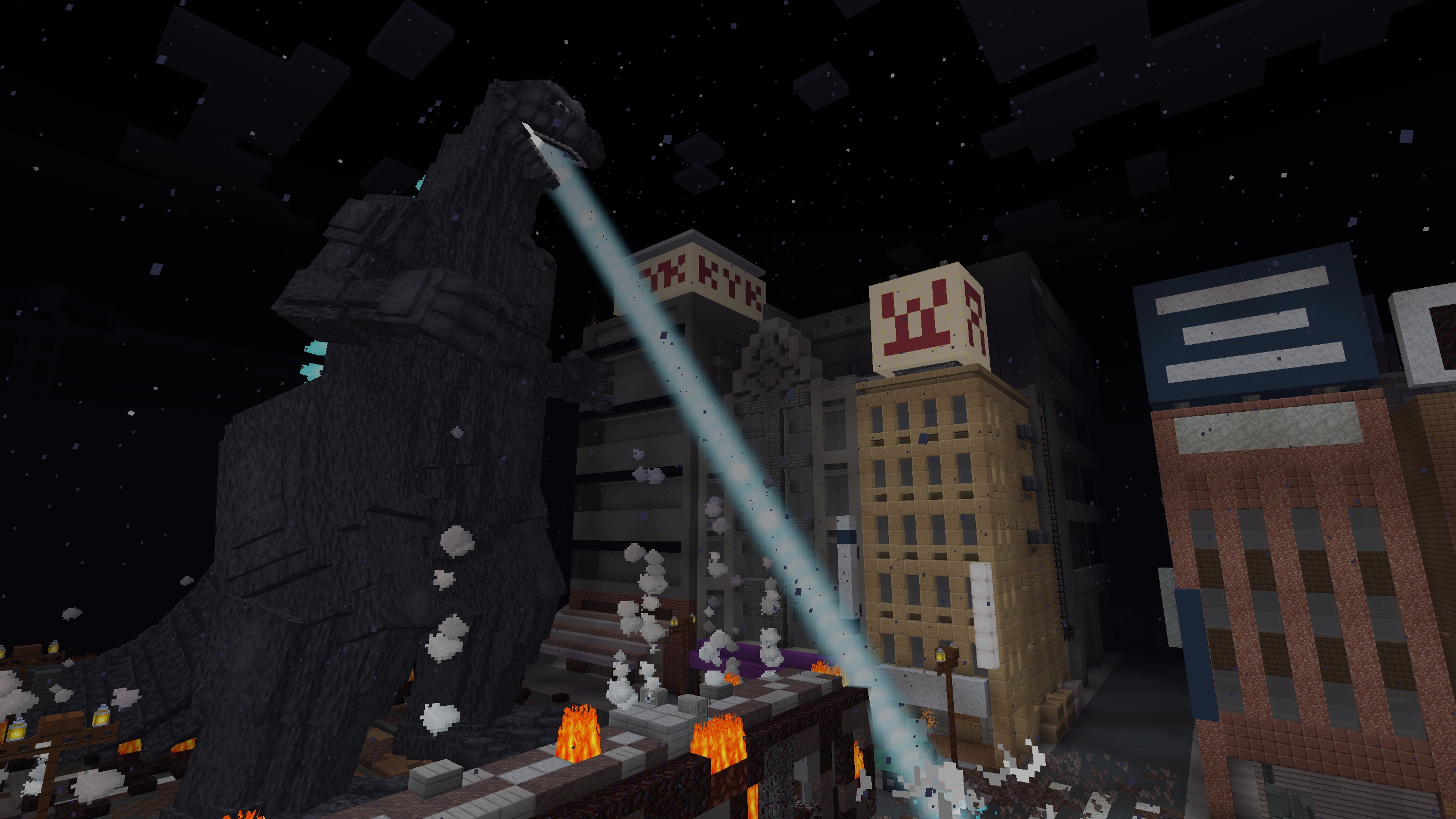 Godzilla shooting radiactive rays at a blocky city