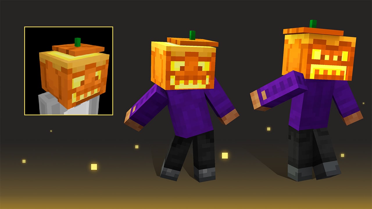 Minecraft character wearing a carved Jack-o’-lantern head with glowing eyes and mouth, dressed in a purple shirt and black pants