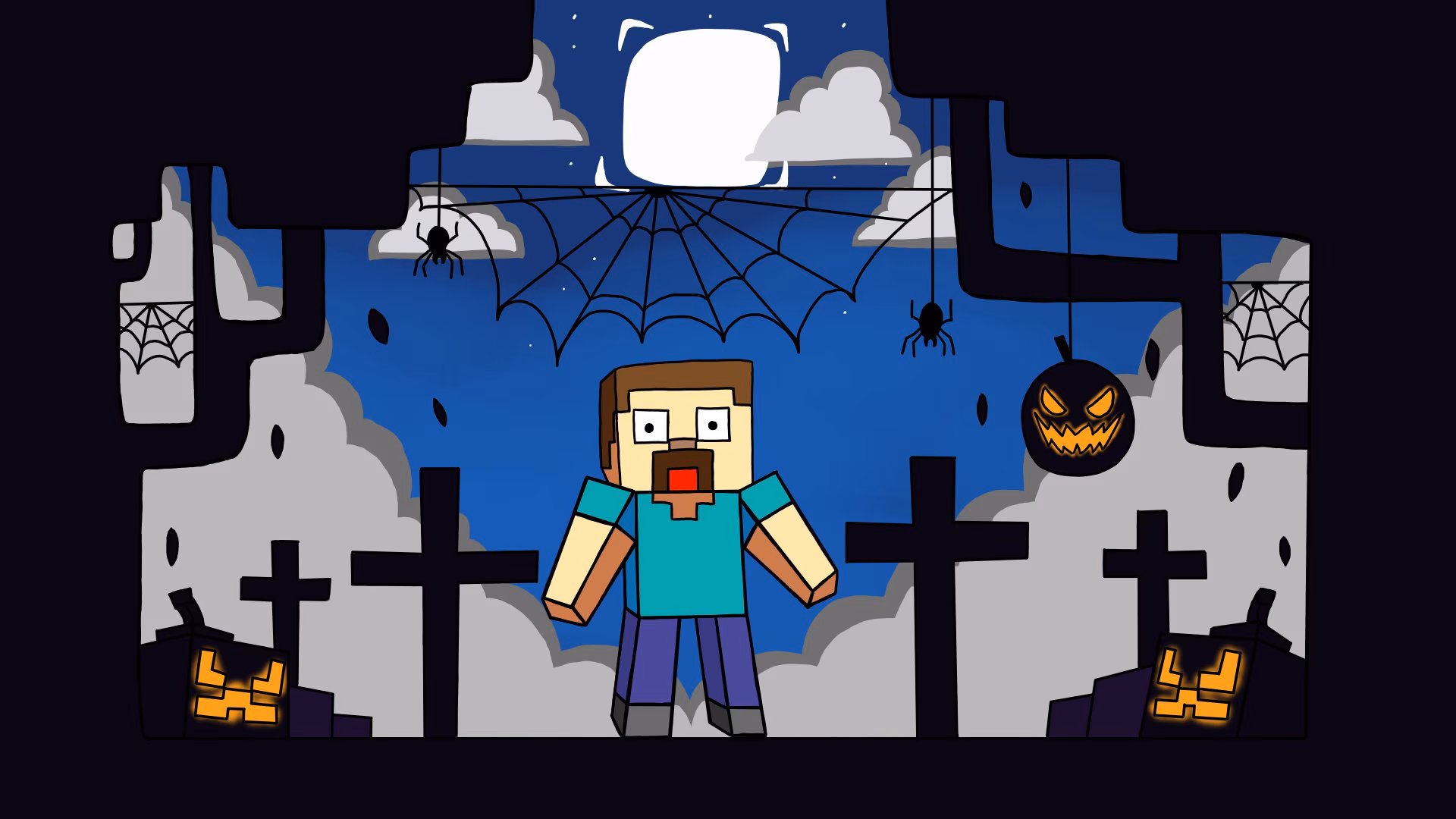 Digital art of Steve from Minecraft with a shocked look on his face as he's surrounded by a spider-filled graveyard