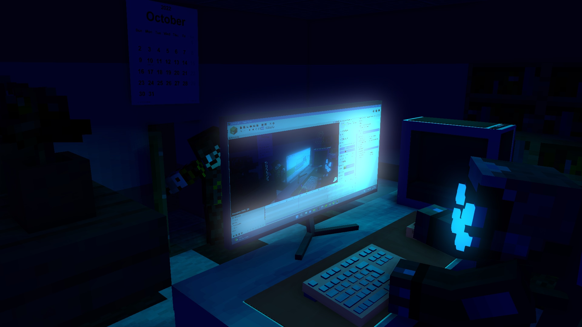 Digital image of a character from Minecraft with a glowing face sitting at a desk in the dark with a computer screen on and glowing with another character hiding behind it and peeking to the left, with the image on the screen resembling a YouTube site as if they are watching video of themselves