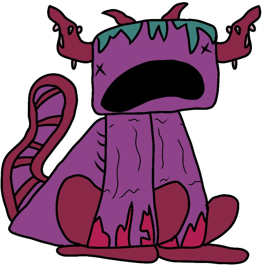 Image of a cartoonish drawing combining the eyeless warden from Minecraft and an axolotl, using pink, purple, light burgundy, and teal colors. 