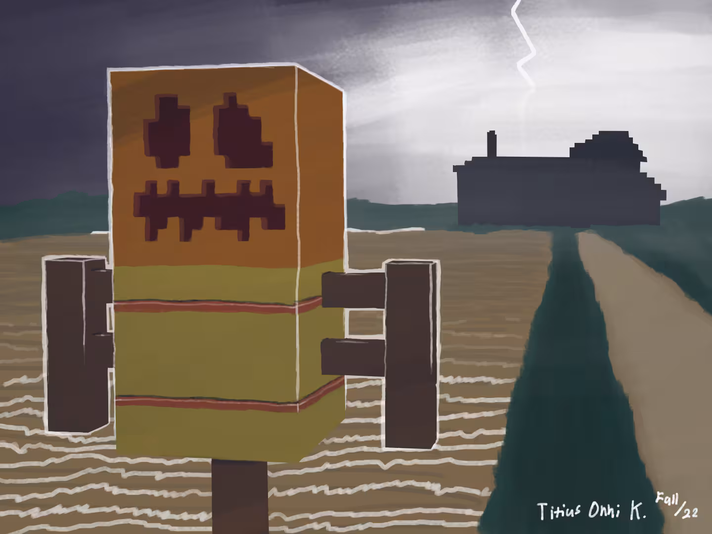 Digital drawing of a Minecraft scarecrow with a jack-o-lantern for a head with a house in the background looking like it's being struck by lightning.