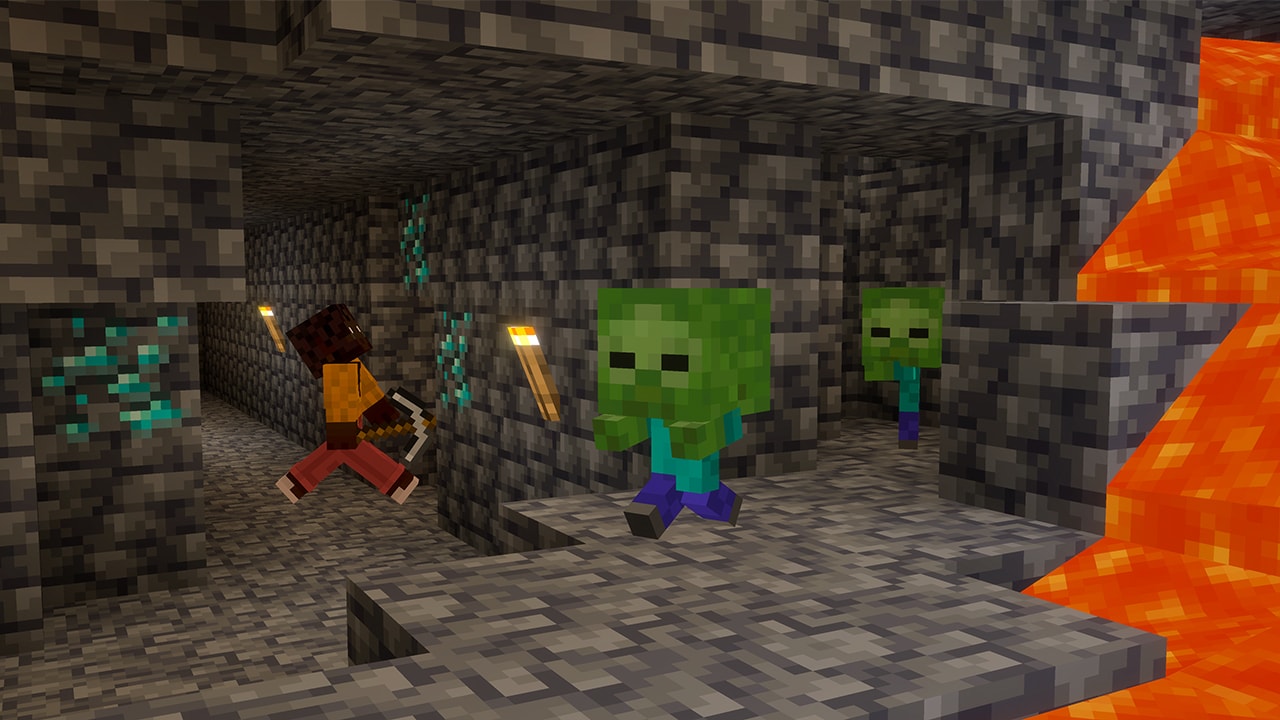 Two baby zombies running through a cave near a player character