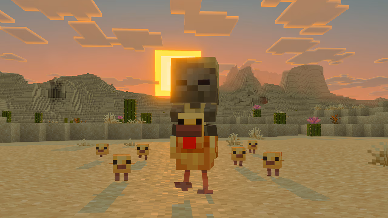 A baby husk riding a chicken, surrounded by many baby chickens