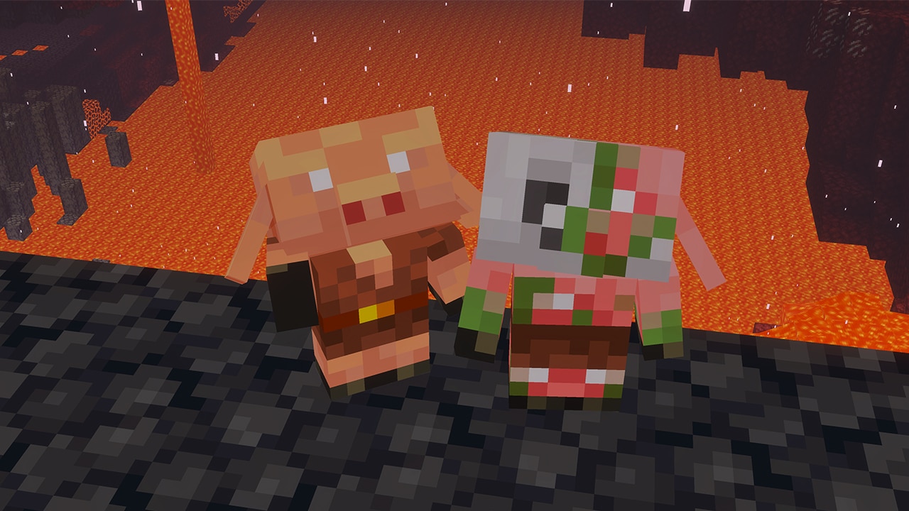 A baby piglin and a baby zombified piglin next to each other in front of a lake of lava