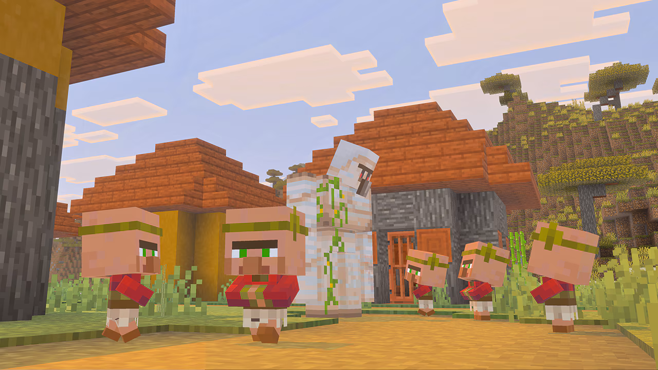 An iron golem surrounded by baby villagers inside a village