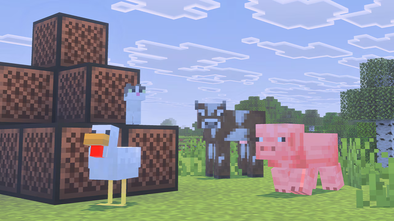A chicken, a pig, a cow, and a cat standing on a stack of note blocks