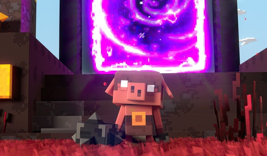 A piglin mace runt standing in front of a Nether portal