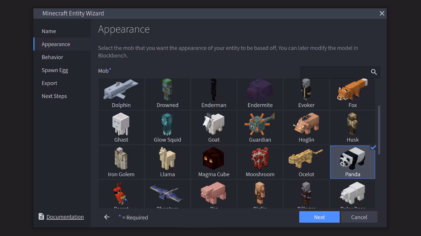 Selecting Appearance using Minecraft Entity Wizard.