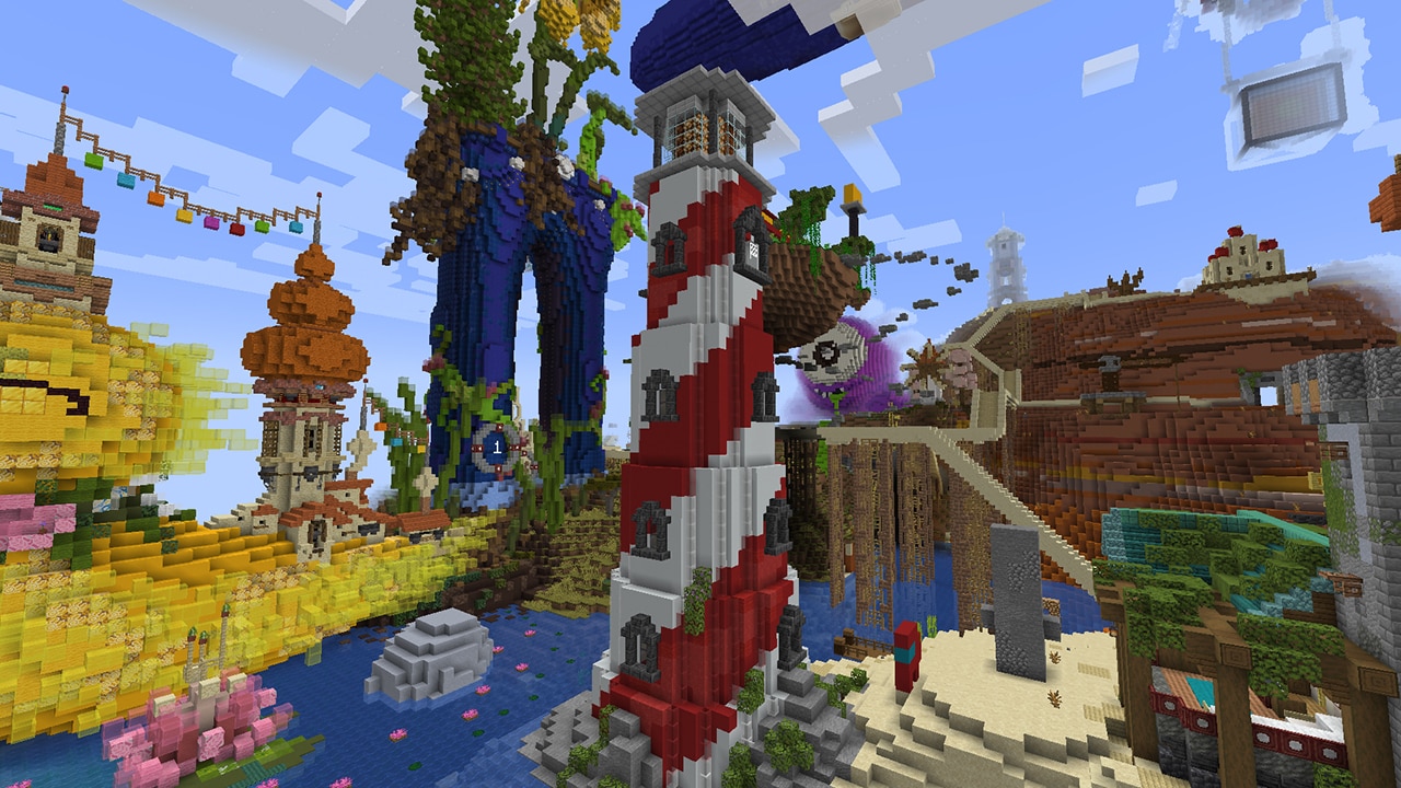 A tall, white and red lighthouse