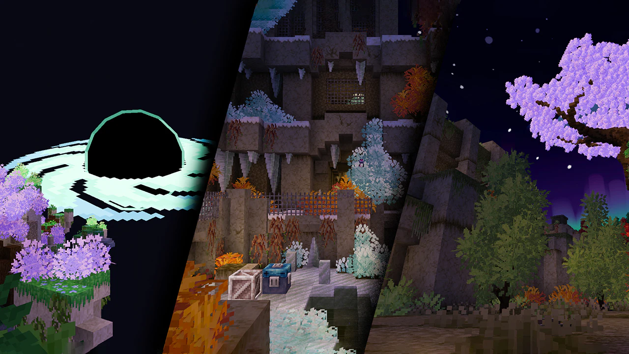 Three-panel Minecraft map screenshot: a floating island with a dark portal and glowing ring, a rocky cliff with ruins and crates, and cherry trees under a starry night sky.
