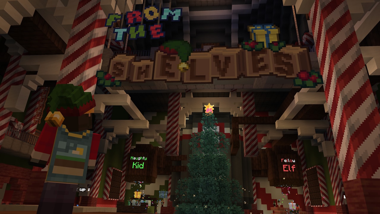 Festive Minecraft map interior with a tall Christmas tree, candy cane pillars, wrapped gifts, and a balcony sign reading “From the Shelves,” lit with warm holiday lighting.