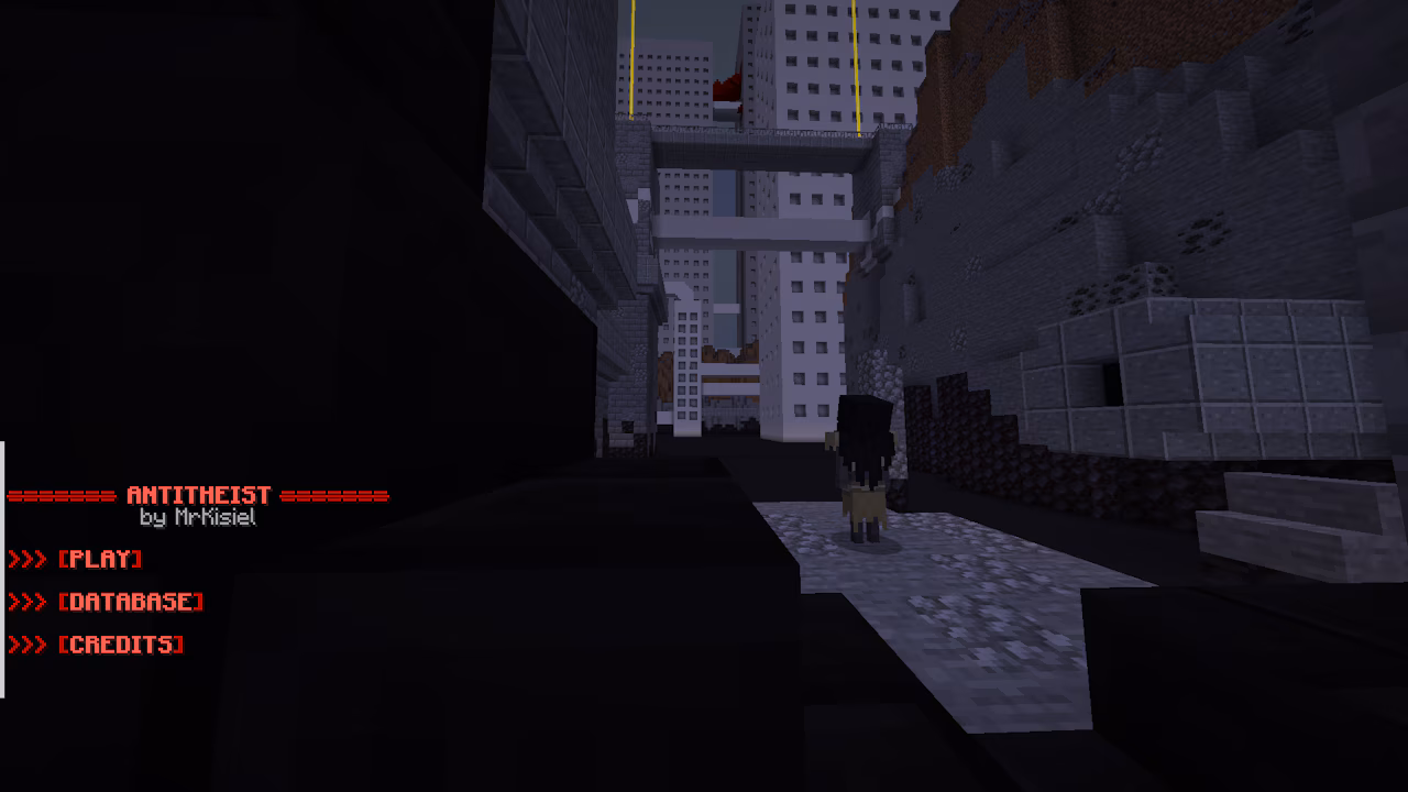 A dark Minecraft map scene showing a narrow urban ruin with tall, damaged buildings, a lone character on a cracked street, and a game menu overlay on the left.