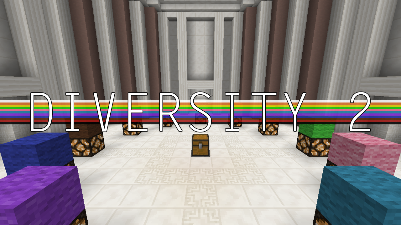 A Minecraft map screenshot of a bright, columned hall with a central chest, colorful blocks on pedestals, and a rainbow stripe across the room beneath large text reading “Diversity 2.”