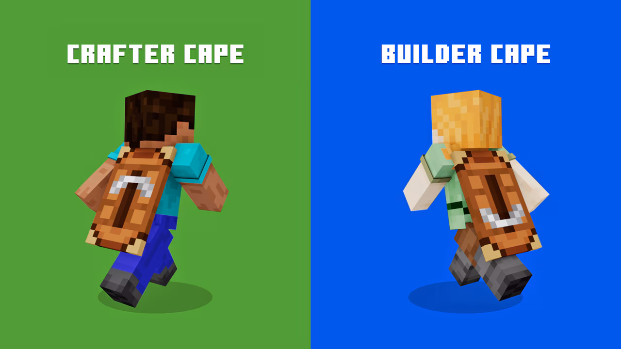 An image of Steve and Alex side by side, wearing the Crafter Cape and Builder Cape, respectively.
