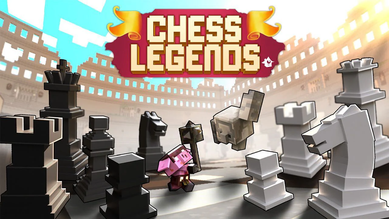 The splash art for Chess Legends, showing classic black and white chess pieces on a board, black to the left and white to the right. In the middle, a piglin runt and a stone golem are fighting. In the background we can see what looks like the wall of a coliseum.
