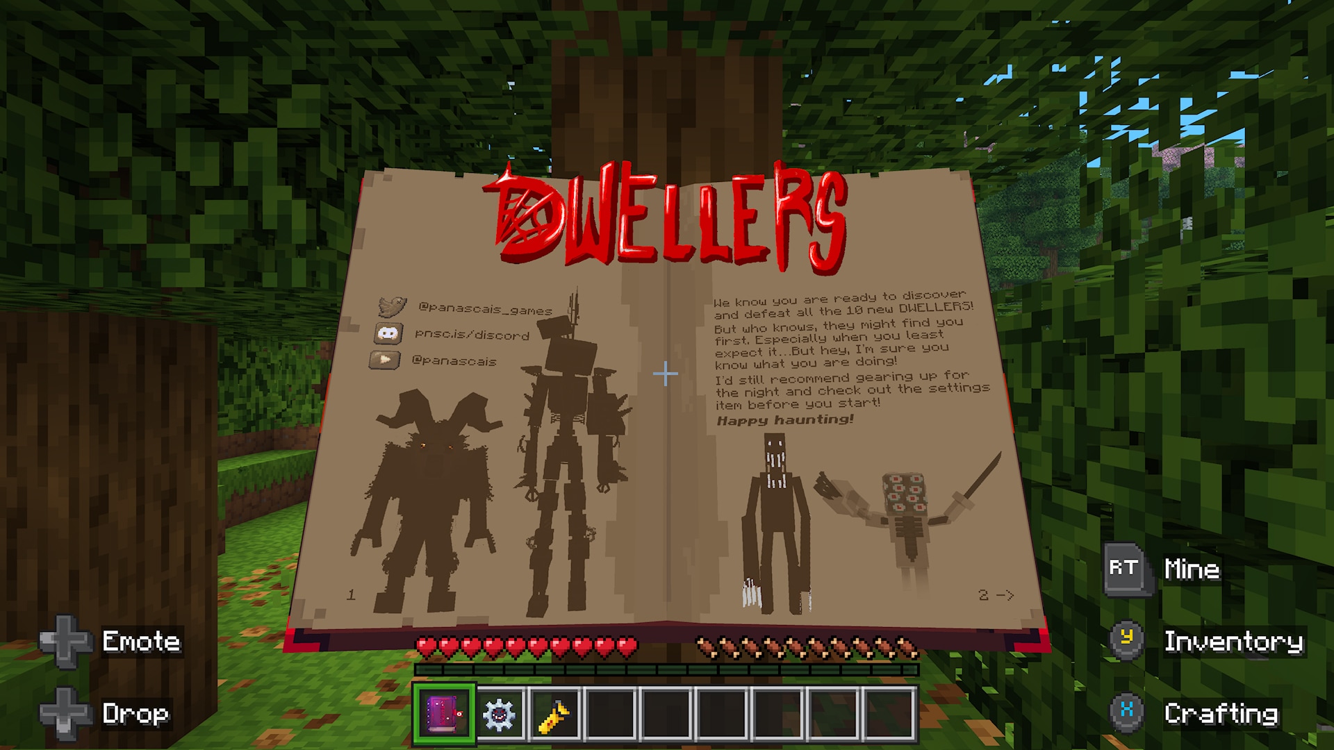 Screenshot from Minecraft showing a signpost warning about "DIWELLERS" in a forest biome. Includes a message from Panasoais saying "We know you are ready to discover and deafeat all ten new dwellers! But who knows, they might find you first. Especially when you least expect it... But hey, I'm sure you know what you're doing! I'd still recommend gearing up for the night and check out the settings item before you start. Happy haunting!"