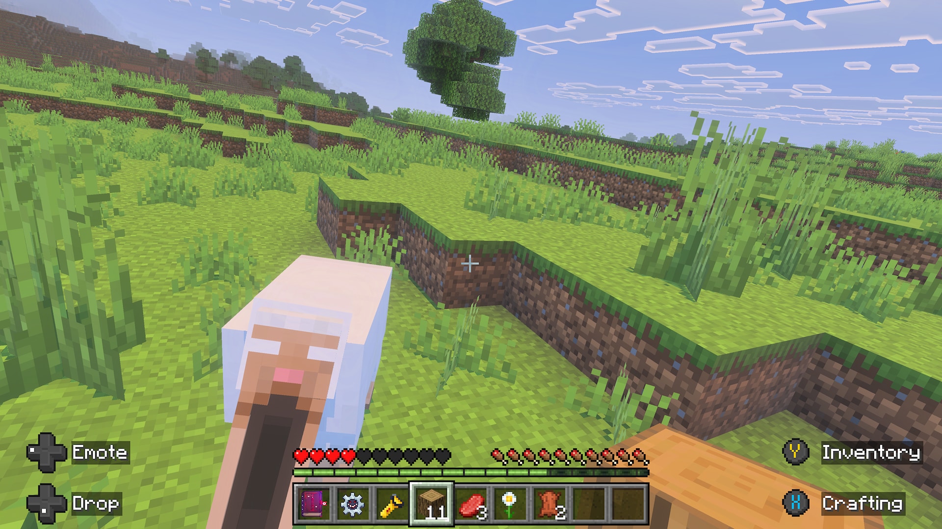 A sheep mimic in the plains biome with white eyes and an elongated jaw as if it's screaming in horror